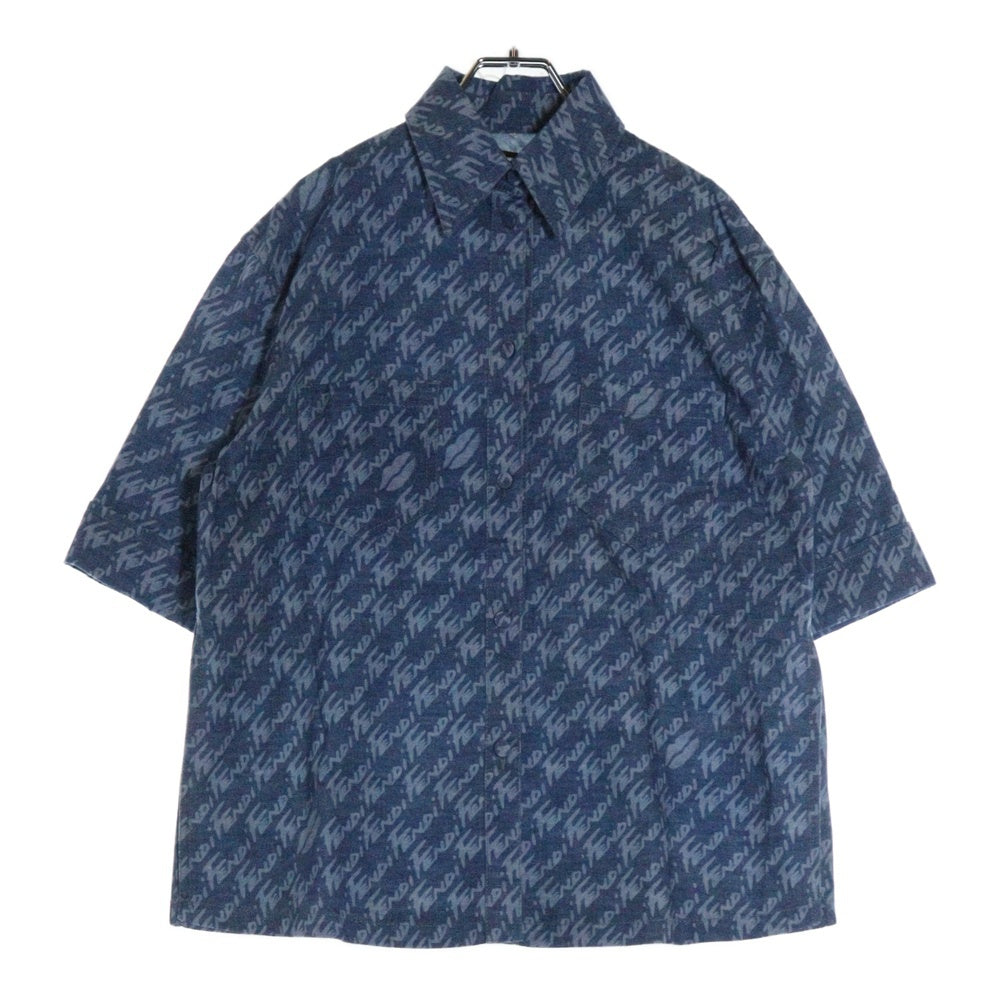 FENDI(フェンディ) ロゴ総柄 コットン 半袖シャツ レディース ブルー FLF641 AJK2