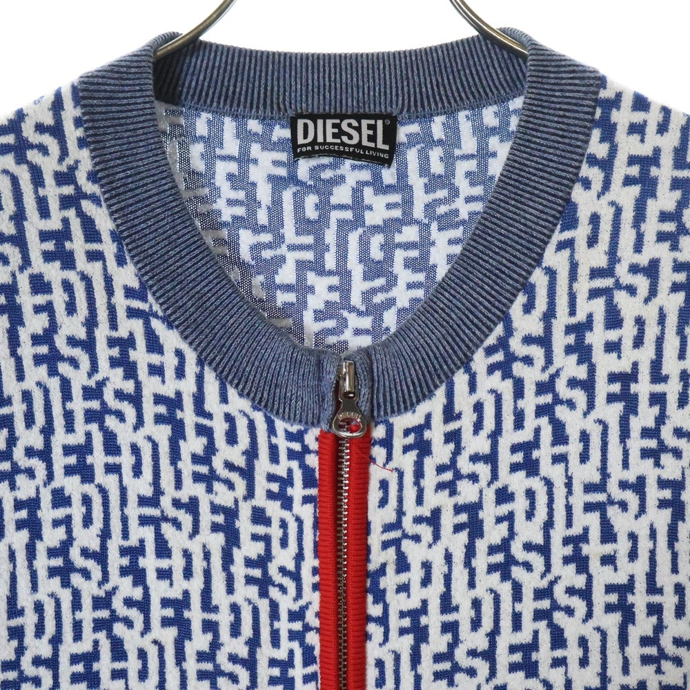 DIESEL(ディーゼル) K-OBE-ZIP ロゴ総柄 ジップアップ ニット ジャケット ブルー/ホワイト A10197 0LGAQ