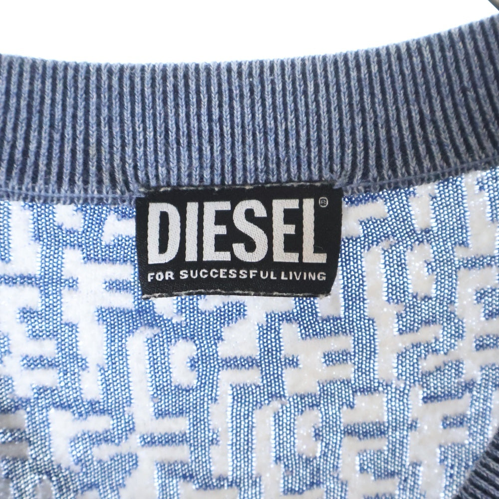 DIESEL(ディーゼル) K-OBE-ZIP ロゴ総柄 ジップアップ ニット ジャケット ブルー/ホワイト A10197 0LGAQ