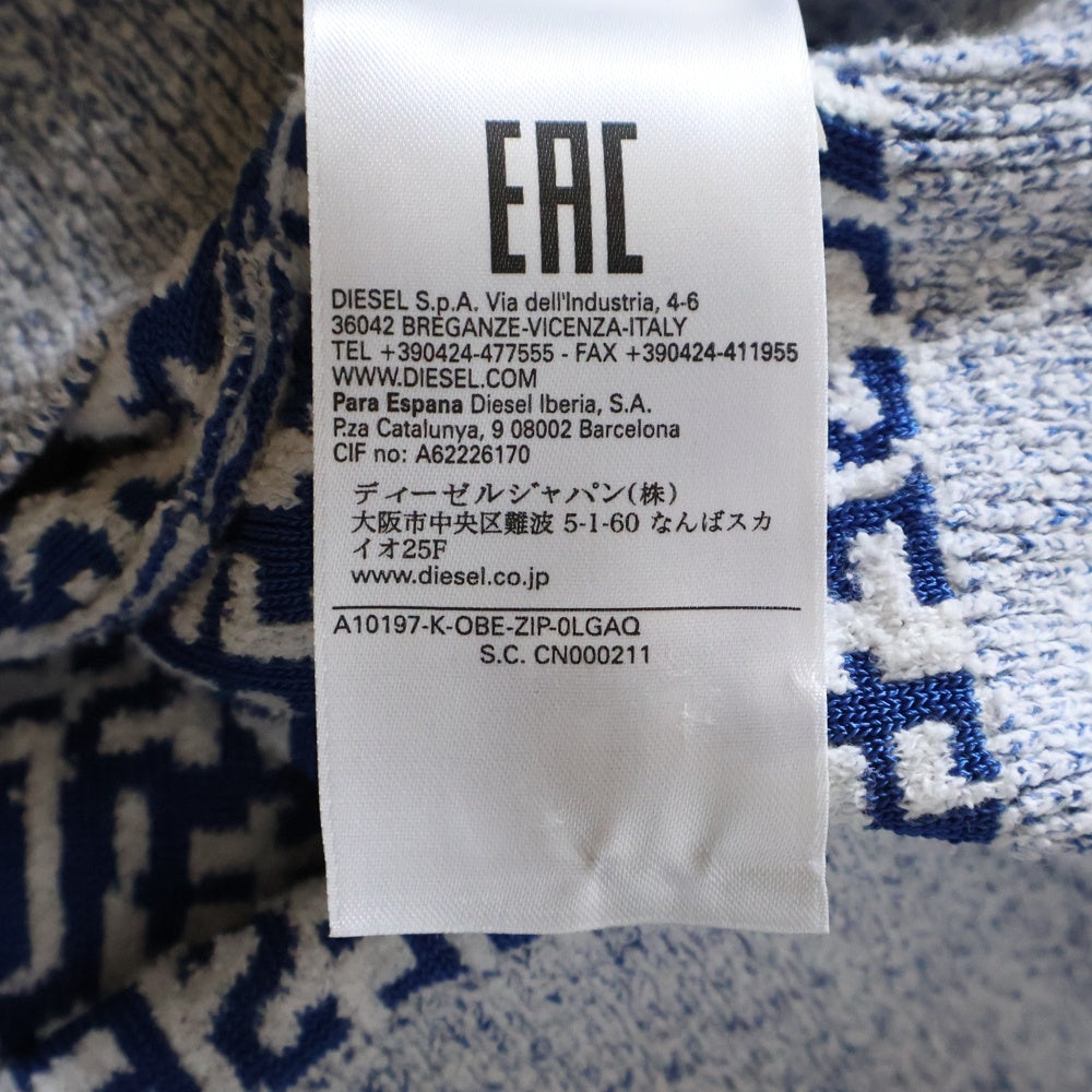 DIESEL(ディーゼル) K-OBE-ZIP ロゴ総柄 ジップアップ ニット ジャケット ブルー/ホワイト A10197 0LGAQ