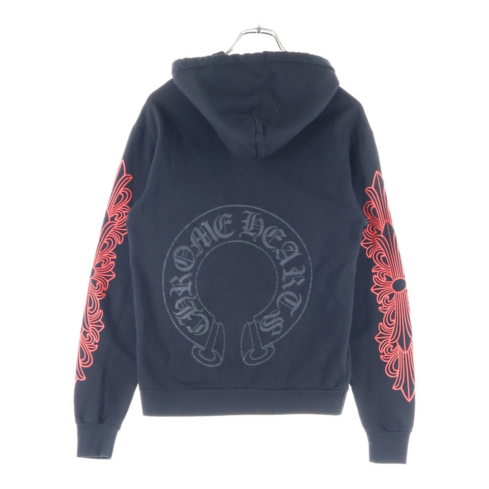 CHROME HEARTS(クロムハーツ) HORSESHOE PULLOVER HOODIE バックホースシューブラックプリント 袖フローラルクロスレッドプリント プルオーバーパーカー