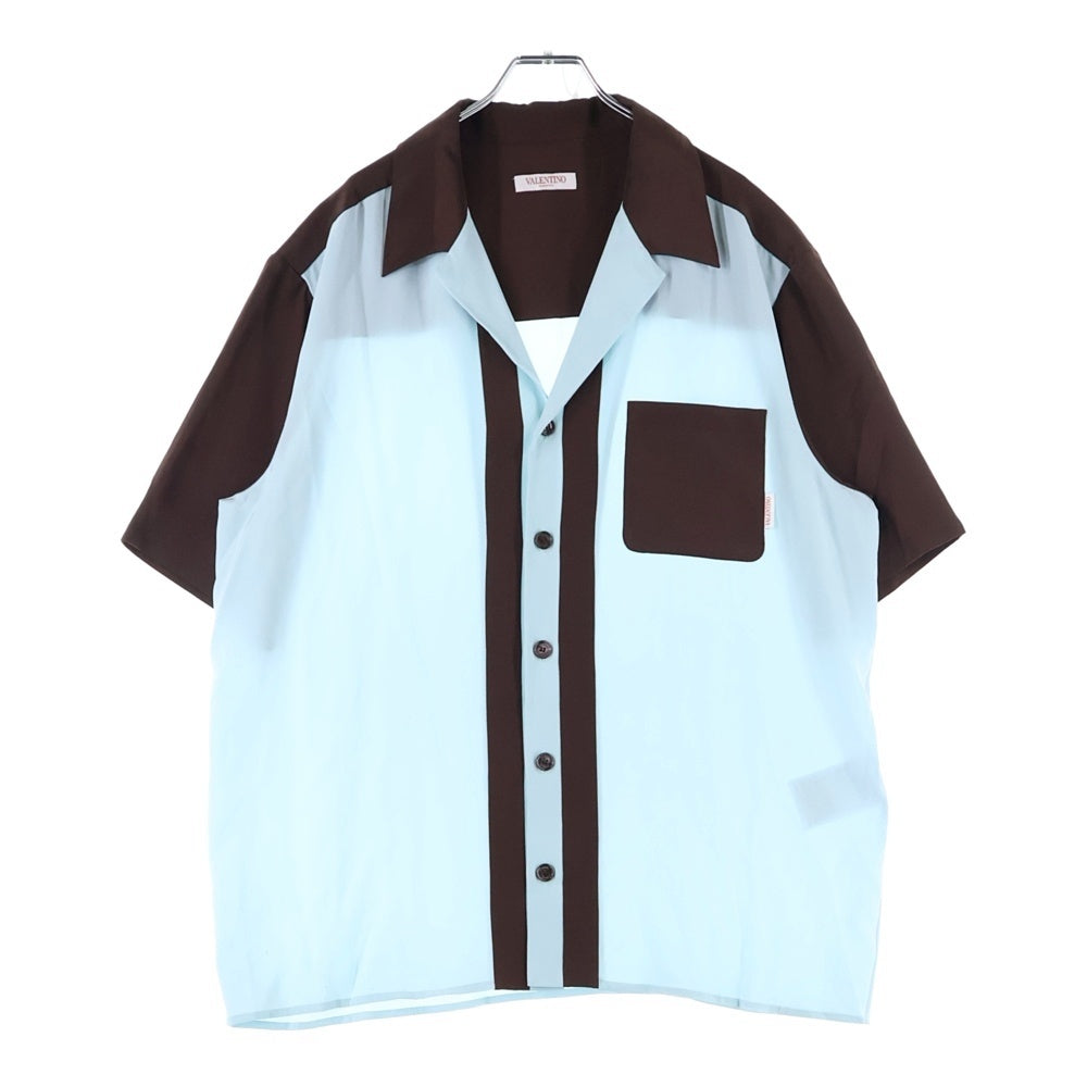 VALENTINO(ヴァレンティノ) PANELLED SILK SHIRT パネルドシルク半袖シャツ ライトブルー/ブラウン 5V3AAE708E4