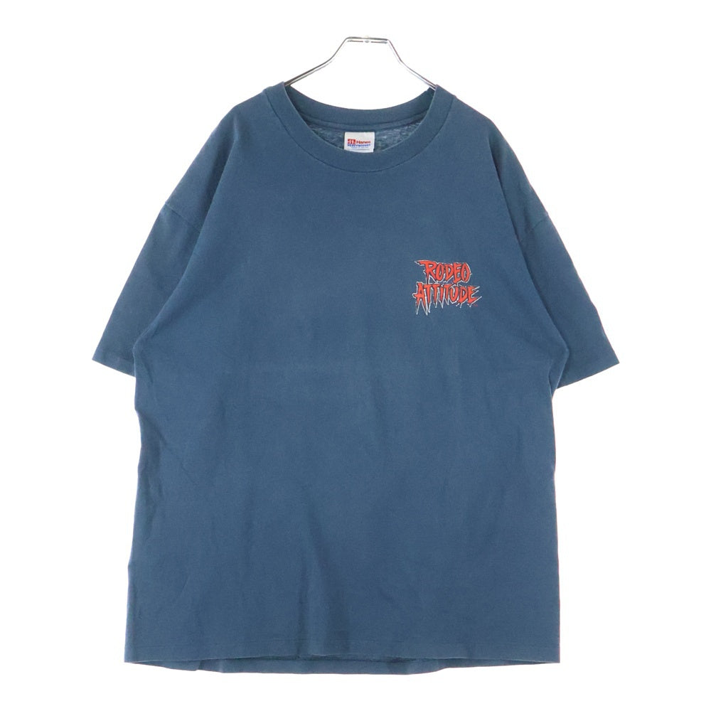 VINTAGE(ヴィンテージ) 90s RODEO ATTITUDE HANES HEAVYWEIGHT ロデオアティチュード ヘインズヘビーコットン シングルステッチ 半袖 クルーネック Tシャツ ネイビー