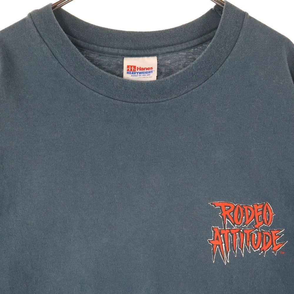 VINTAGE(ヴィンテージ) 90s RODEO ATTITUDE HANES HEAVYWEIGHT ロデオアティチュード ヘインズヘビーコットン シングルステッチ 半袖 クルーネック Tシャツ ネイビー