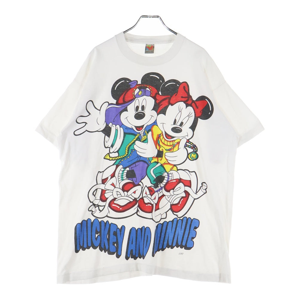 VINTAGE(ヴィンテージ) 90s Disney mickey ディズニー シルクスクリーンプリント ワンサイズ 半袖カットソー クルーネック Tシャツ ホワイト