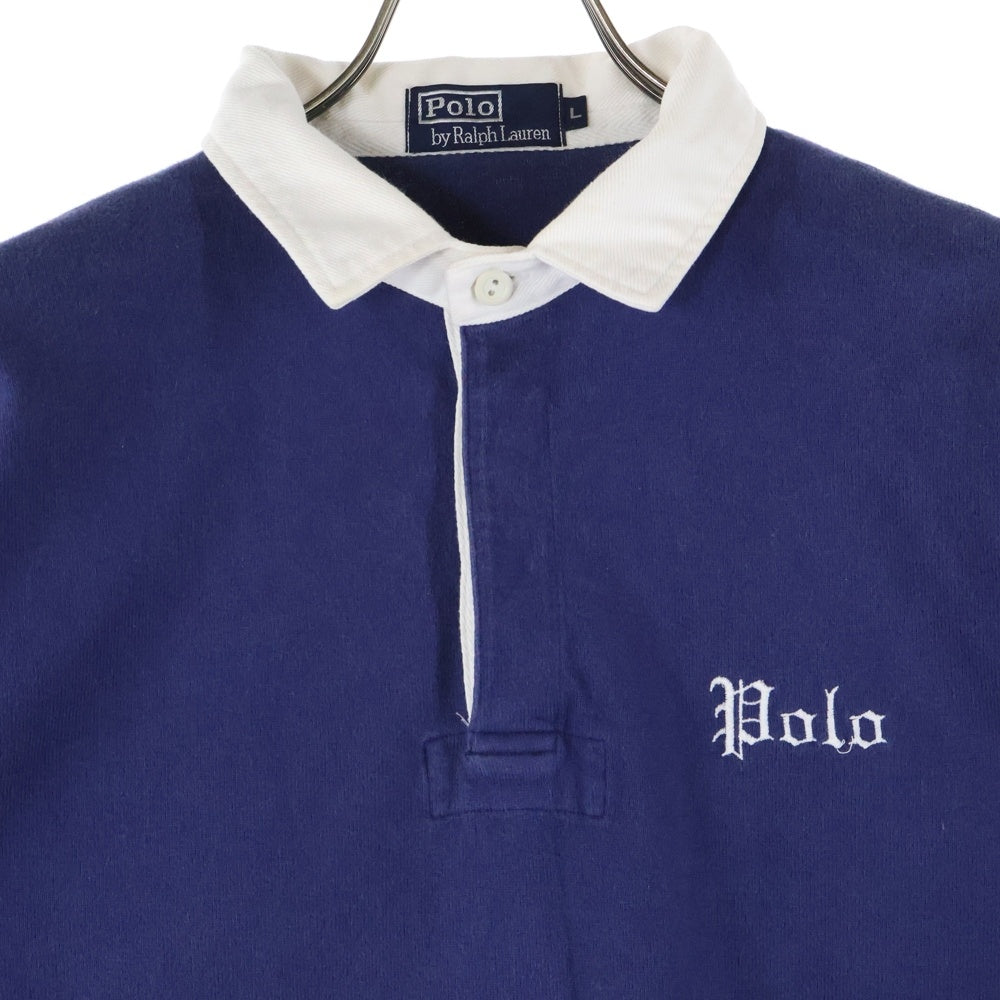 POLO RALPH LAUREN(ポロラルフローレン) 90s ラガーシャツ 胸ロゴ刺繍 オールド ワンポイント 長袖シャツ コットン ネイビー