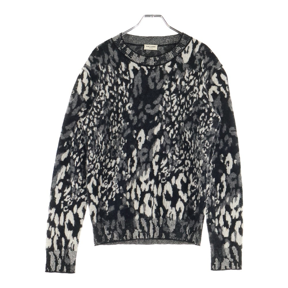 SAINT LAURENT PARIS(サンローランパリ) レオパードニット クルーネックセーター ウール ブラック/ホワイト KH70 609385 YAMP2 1913