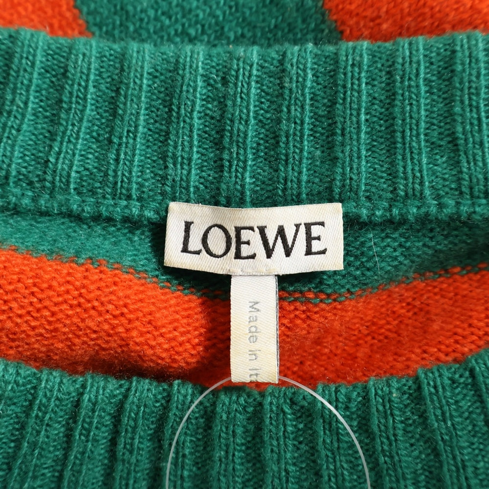 LOEWE(ロエベ) ニット クルーネックセーター ボーダー アナグラム刺繍 ウール カシミヤ混 オレンジ/グリーン H3299370SM
