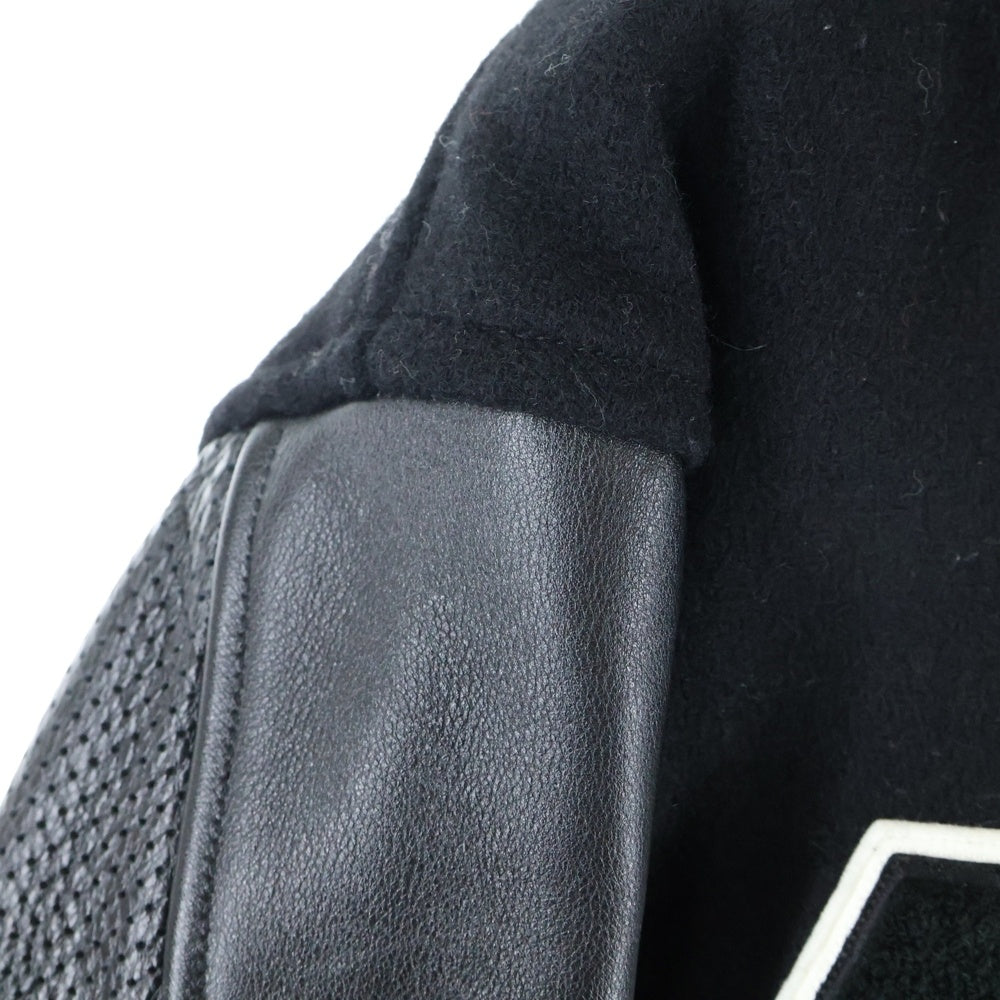 Mountain Research(マウンテンリサーチ) フロントAMロゴワッペン 袖レザー スタジアムジャケット ブラック MTR-2568