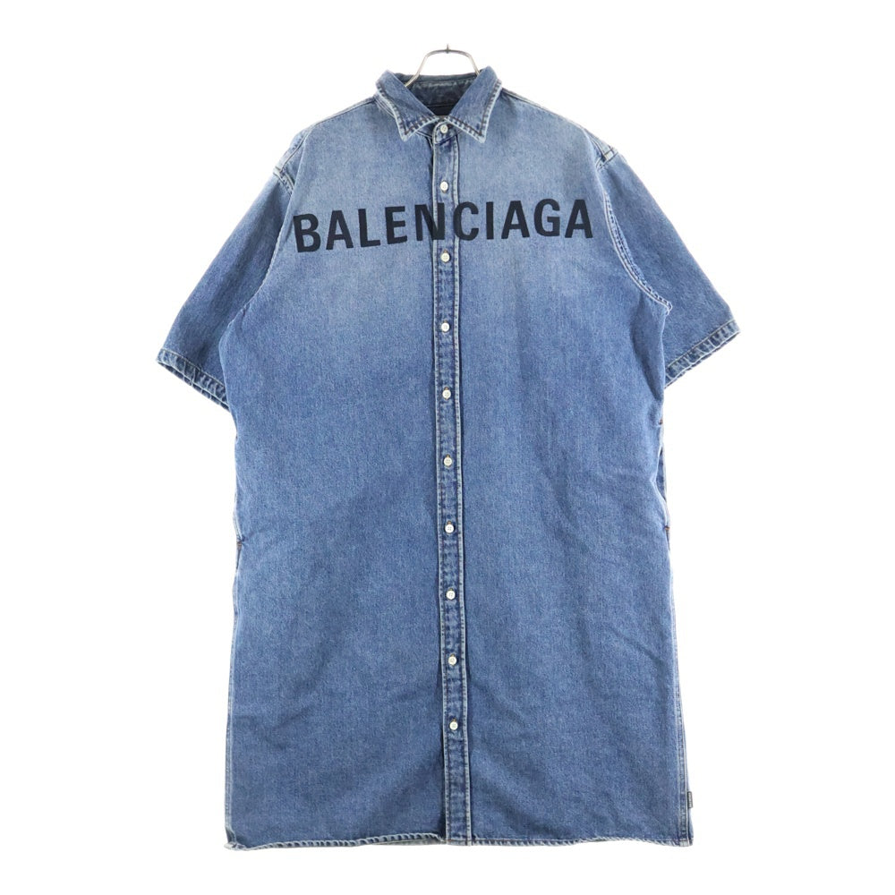 BALENCIAGA(バレンシアガ) 19AW フロント刺繍ロゴ デニムロングシャツ 半袖ワンピース インディゴ レディース 600150 THW25
