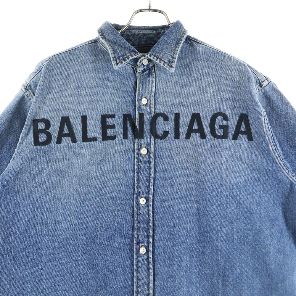 BALENCIAGA(バレンシアガ) 19AW フロント刺繍ロゴ デニムロングシャツ 半袖ワンピース インディゴ レディース 600150 THW25