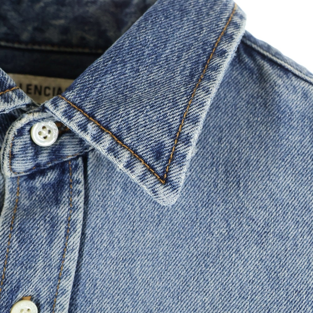 BALENCIAGA(バレンシアガ) 19AW フロント刺繍ロゴ デニムロングシャツ 半袖ワンピース インディゴ レディース 600150 THW25
