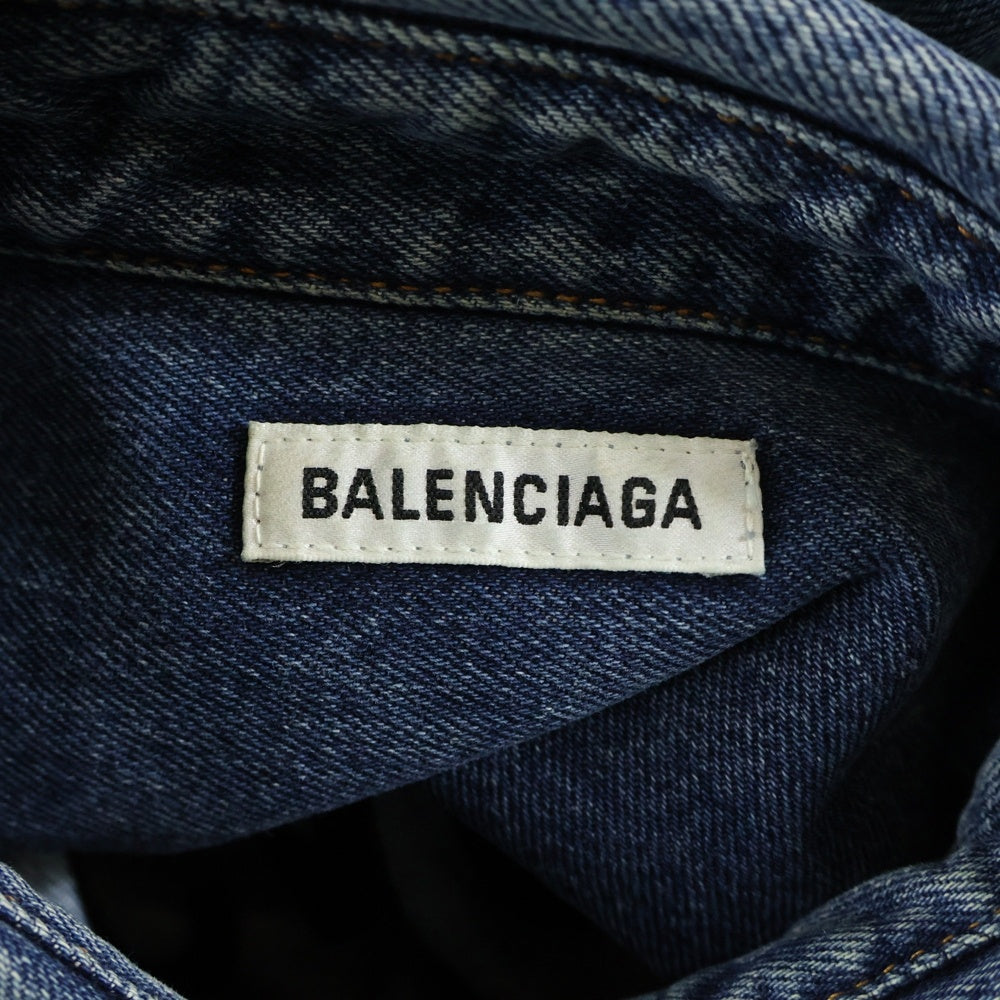 BALENCIAGA(バレンシアガ) 19AW フロント刺繍ロゴ デニムロングシャツ 半袖ワンピース インディゴ レディース 600150 THW25