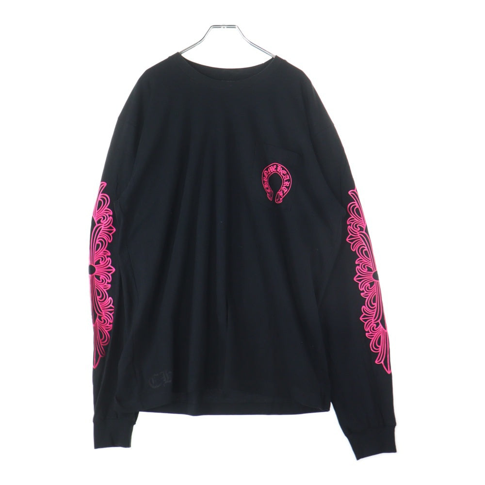 CHROME HEARTS(クロムハーツ) ピンクホースシュー プリント 袖フローラル 長袖 クルーネック カットソー ロンT ブラック