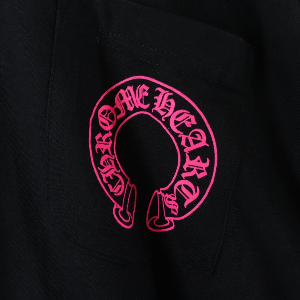 CHROME HEARTS(クロムハーツ) ピンクホースシュー プリント 袖フローラル 長袖 クルーネック カットソー ロンT ブラック