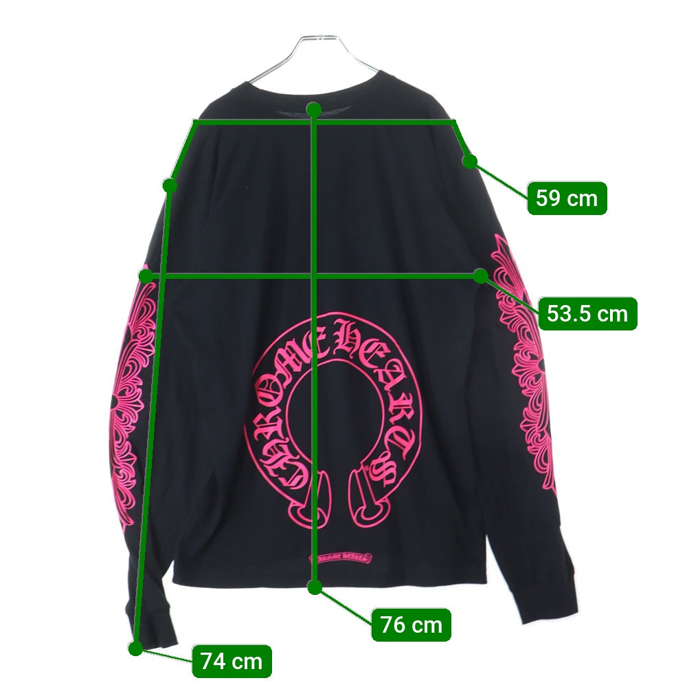 CHROME HEARTS(クロムハーツ) ピンクホースシュー プリント 袖フローラル 長袖 クルーネック カットソー ロンT ブラック