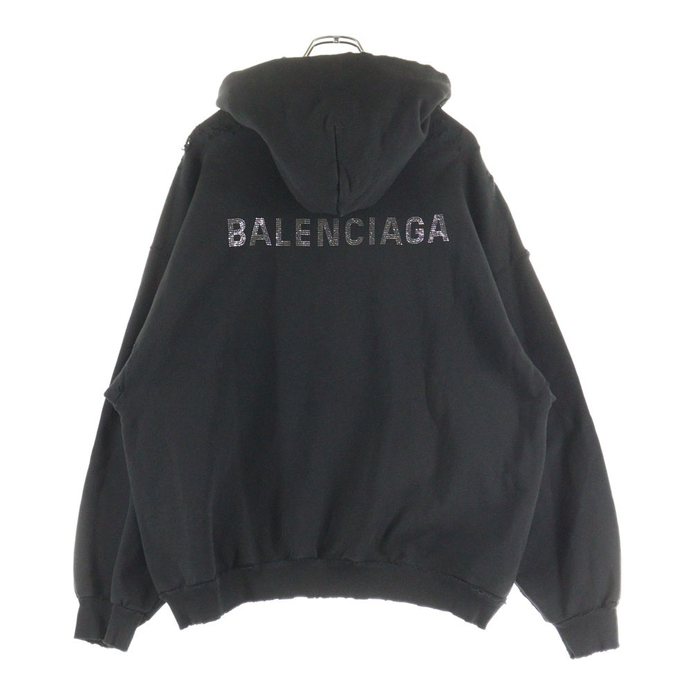 BALENCIAGA(バレンシアガ) Back Cropped Hoodie プルオーバーパーカー ラインストーンロゴ オーバーサイズ ブラック 767877 TQVY1 1083