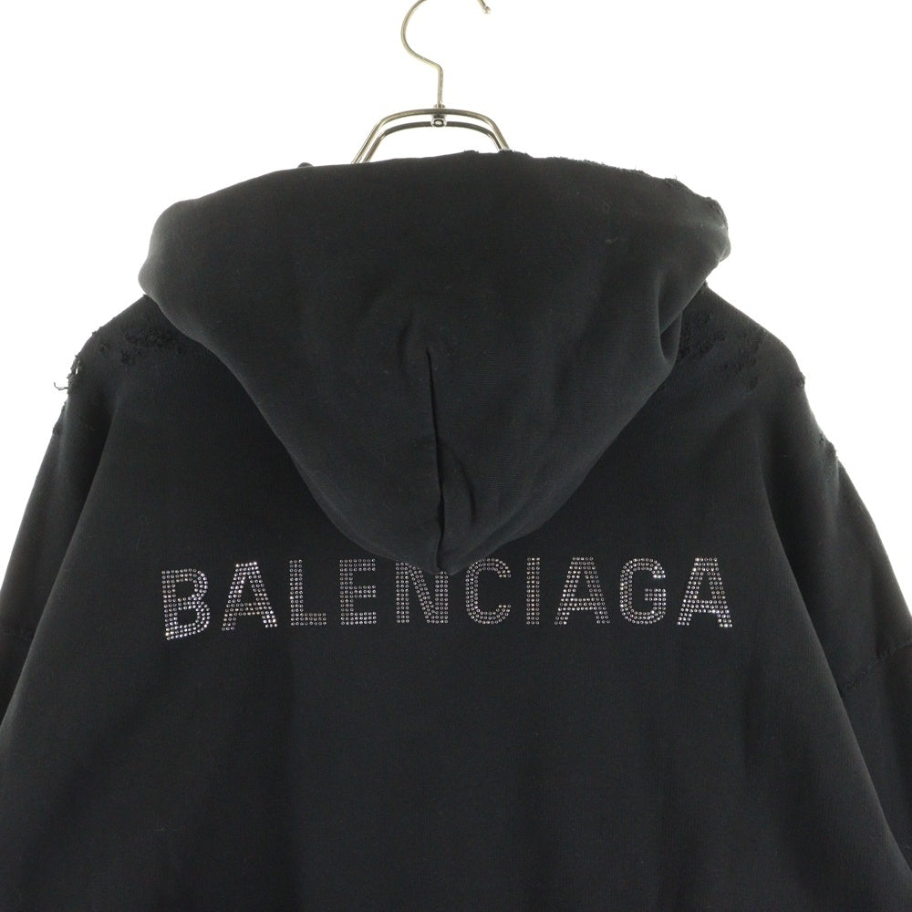 BALENCIAGA(バレンシアガ) Back Cropped Hoodie プルオーバーパーカー ラインストーンロゴ オーバーサイズ ブラック 767877 TQVY1 1083