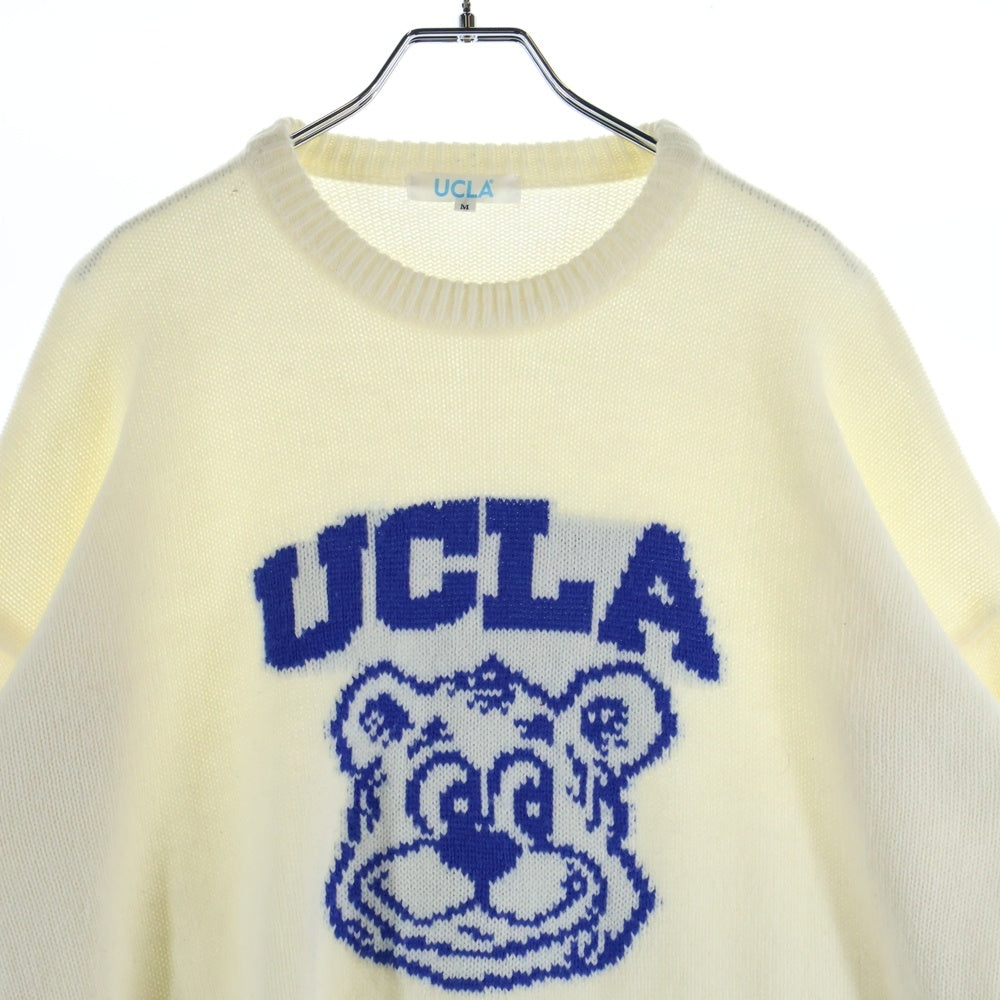 NO BRAND(ノーブランド) UCLA ベア柄 フロントロゴ クルーネック 長袖 ニット/セーター ホワイト N40-19600