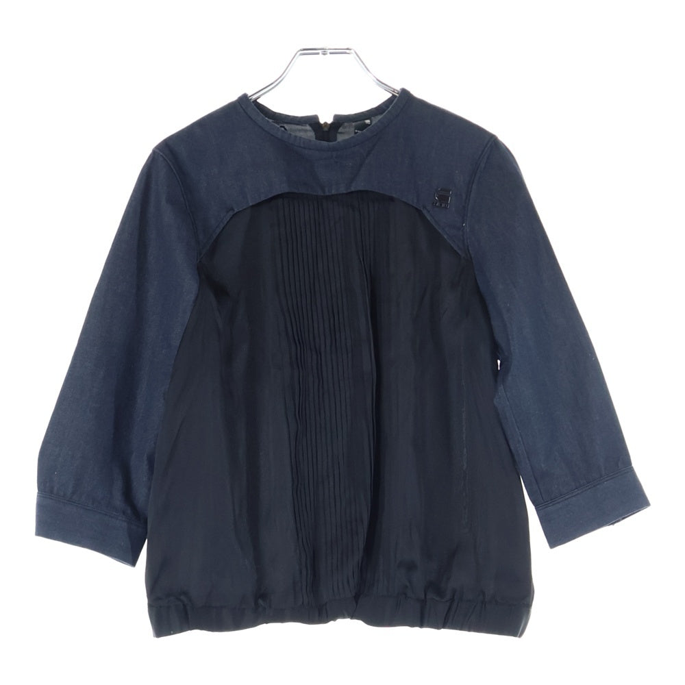 G-STAR RAW(ジースターロウ) メタルロゴ デニム切り替え 七分丈Tシャツ インディゴ レディース