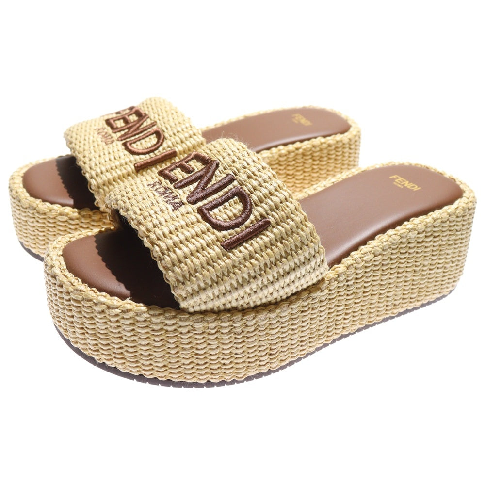 FENDI(フェンディ) サンシャインファブリック ロゴ刺繍 厚底スライドサンダル ベージュ レディース