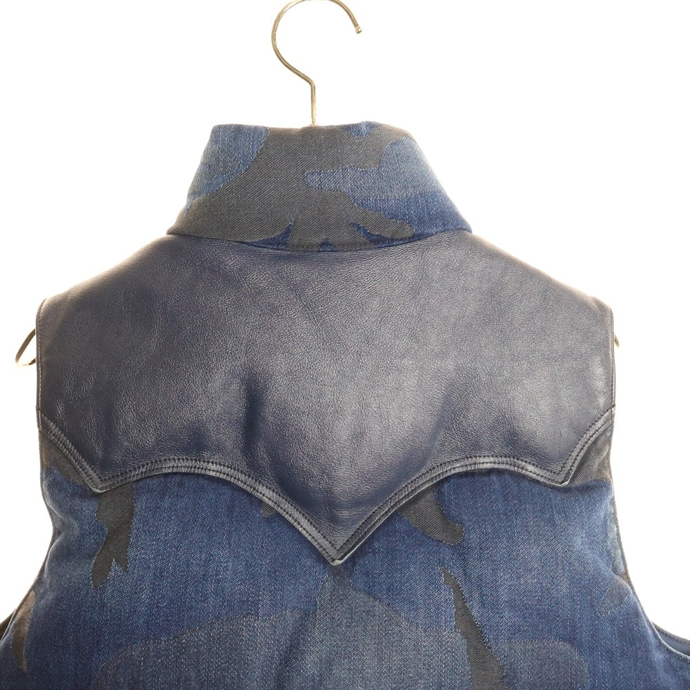 1 PIU 1 UGUALE 3 RELAX(ウノピゥウノウグァーレトレ) デニム ダウンベスト レザー切替し ダウンジャケット インディゴ カモフラ MRB171