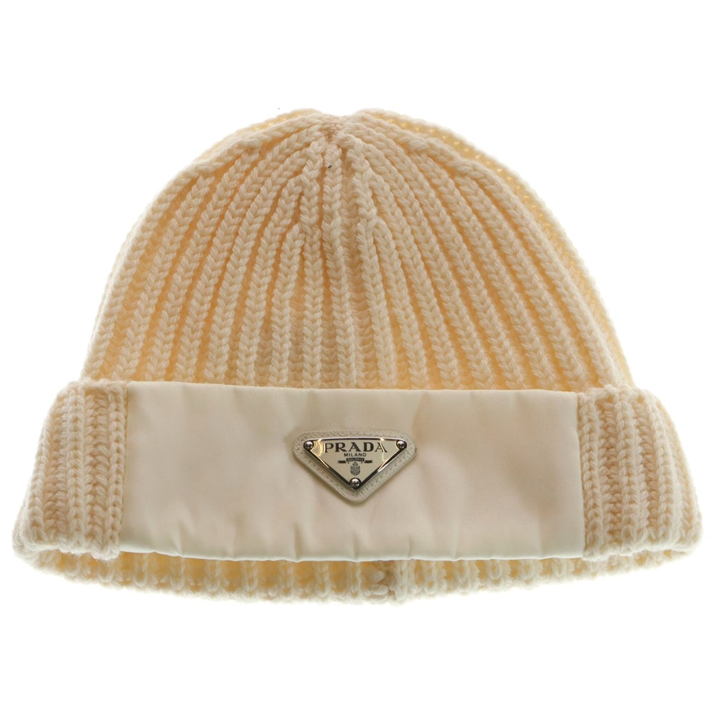 PRADA(プラダ) Re-Nylon 切替 三角ロゴプレート ウール ニットキャップ