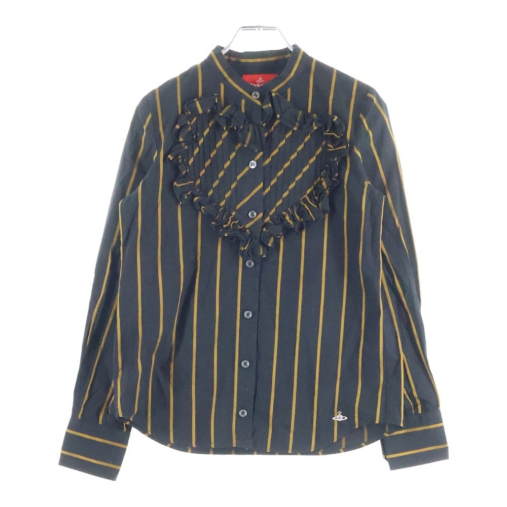 Vivienne Westwood Red Label(ヴィヴィアンウエストウッドレッドレーベル) フロントハートフリル装飾 ストライプバンドカラー長袖シャツ レディース ブラック 16-12-812011