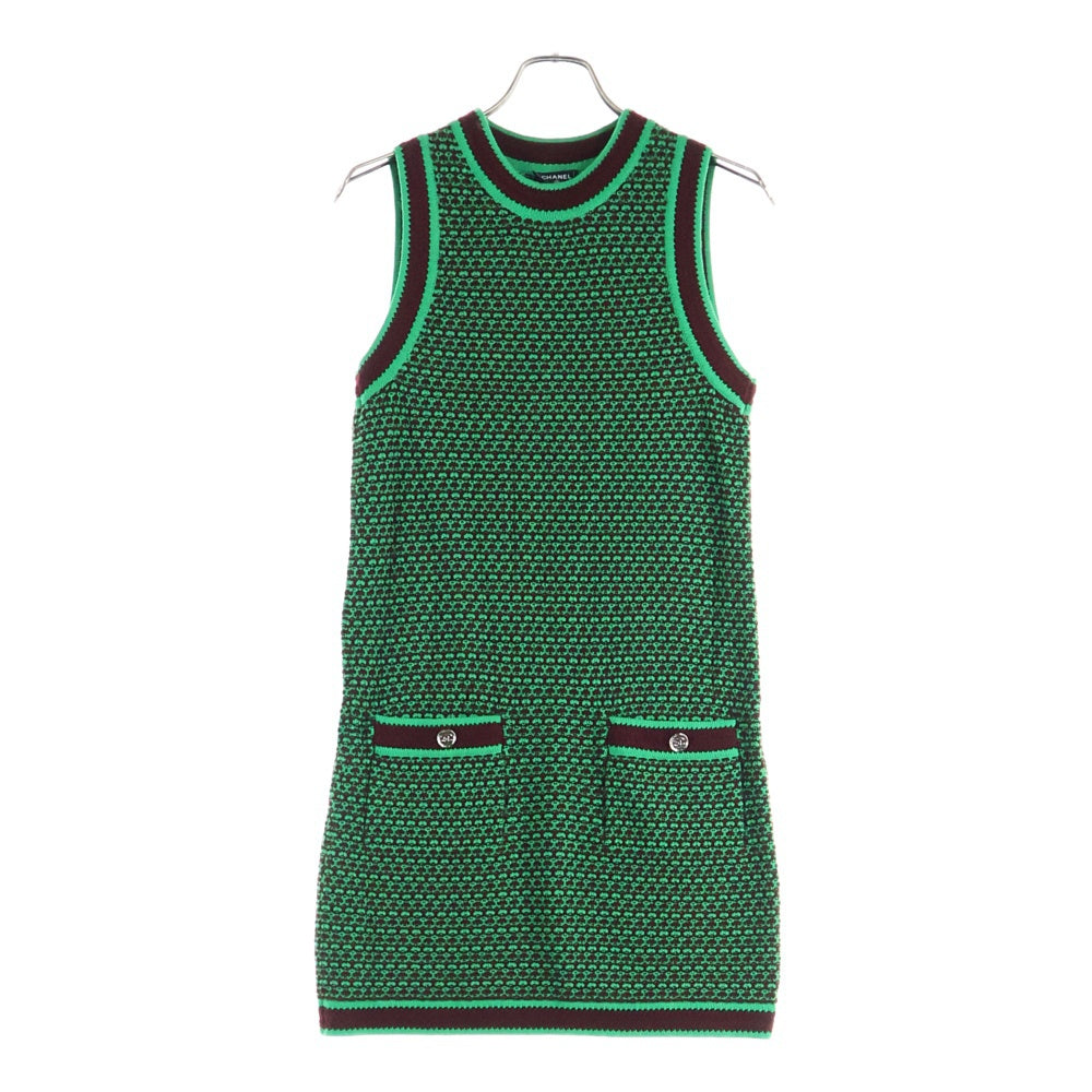 CHANEL(シャネル) 総柄 クルーネック ノースリーブニットワンピース