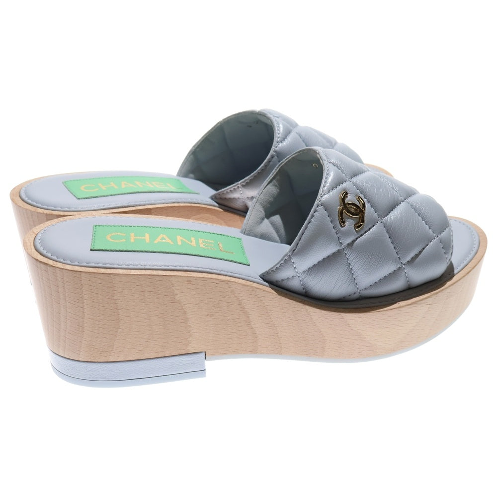 CHANEL(シャネル) キルティング ウッドソール ココマーク ヒールサンダル ブルー G38555