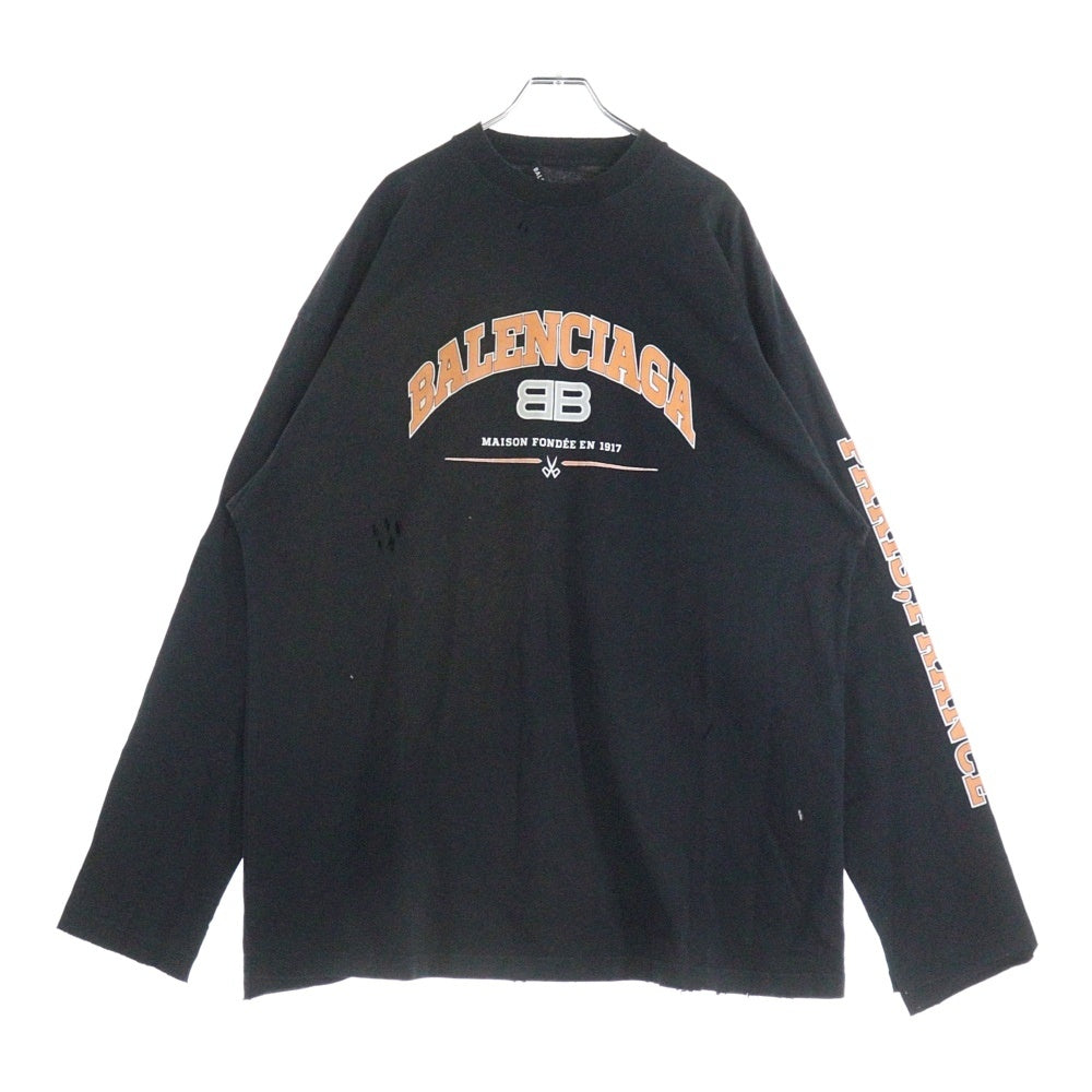 BALENCIAGA(バレンシアガ) 22SS アーチロゴ ユーズド加工 長袖 クルーネック Tシャツ ロンT ブラック 681046 TLVJ1