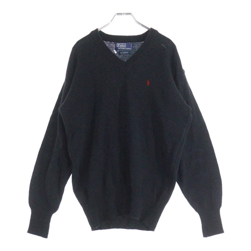 POLO RALPH LAUREN(ポロラルフローレン) OLD フロントロゴ刺繍 ウール Vネック 長袖ニット セーター ブラック