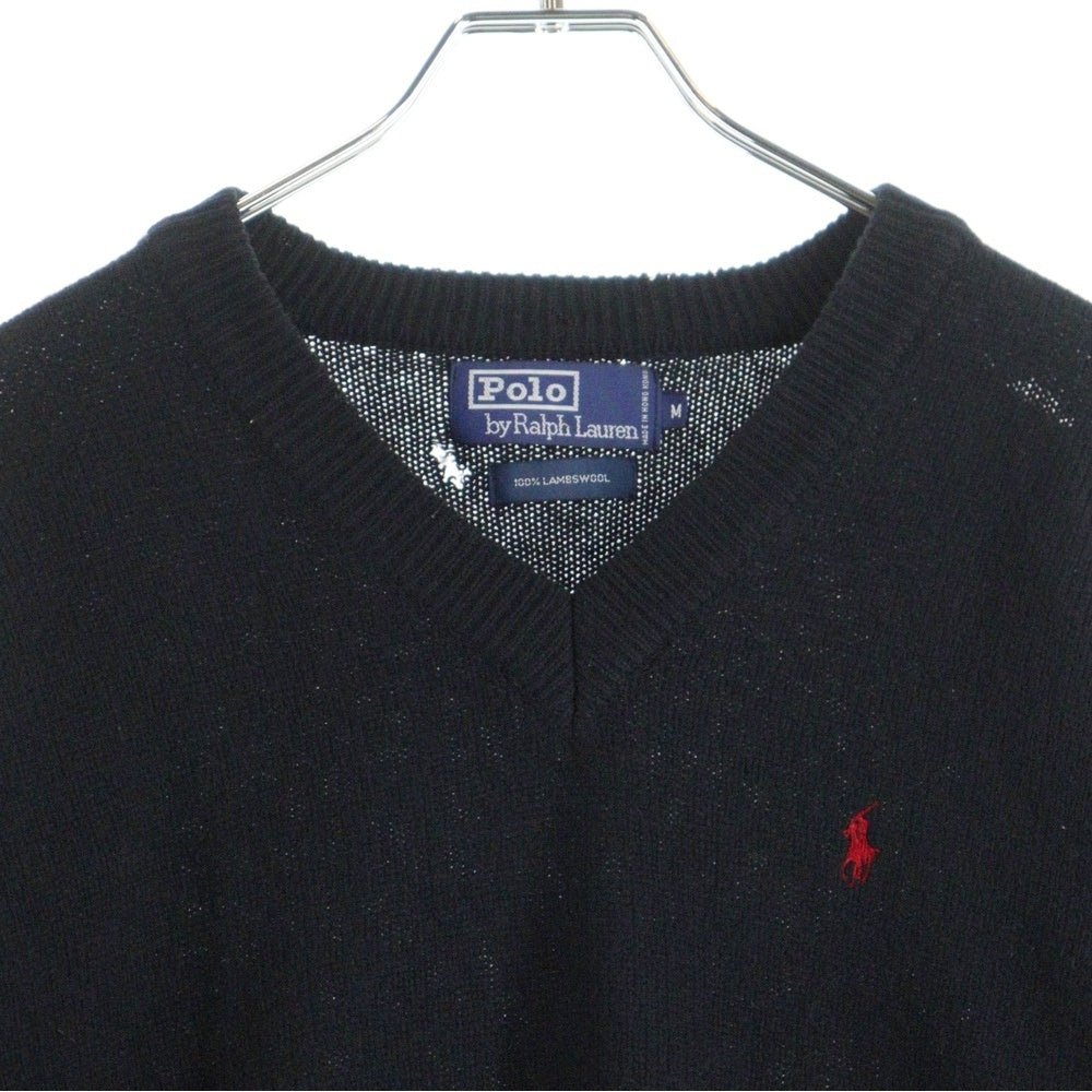 POLO RALPH LAUREN(ポロラルフローレン) OLD フロントロゴ刺繍 ウール Vネック 長袖ニット セーター ブラック