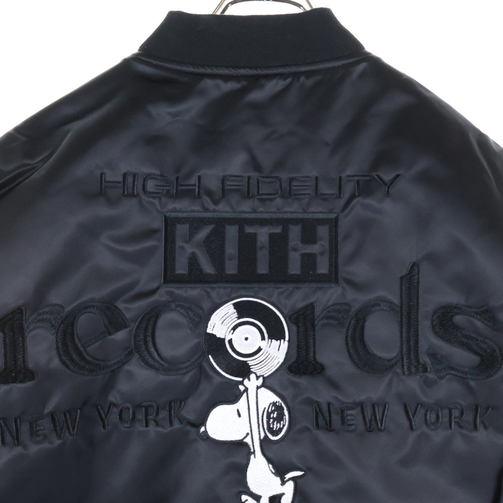 KITH(キス) ×Peanuts 75th ANNIVERSARY ピーナッツ 75周年記念 スヌーピー 刺繍 サテン ボンバージャケット ボタンフライ ブルゾン ブラック KHM010889-001