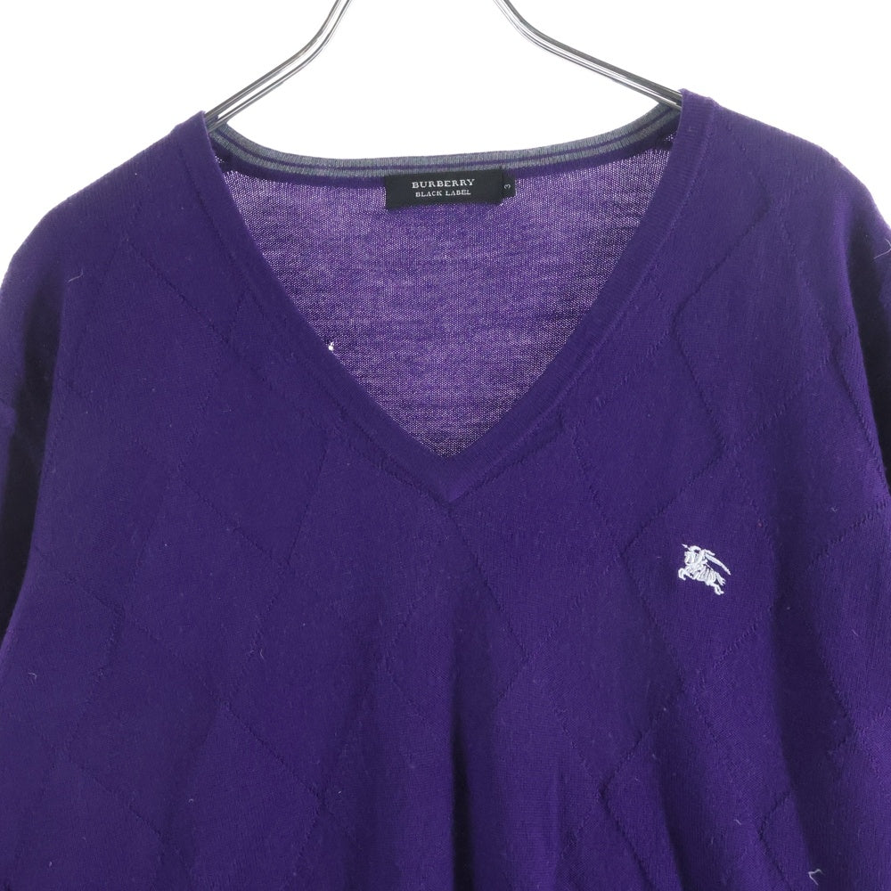 BURBERRY BLACK LABEL(バーバリー ブラックレーベル) フロントロゴ刺繍 Vネック 長袖セーター ニット パープル BMT95-104-38