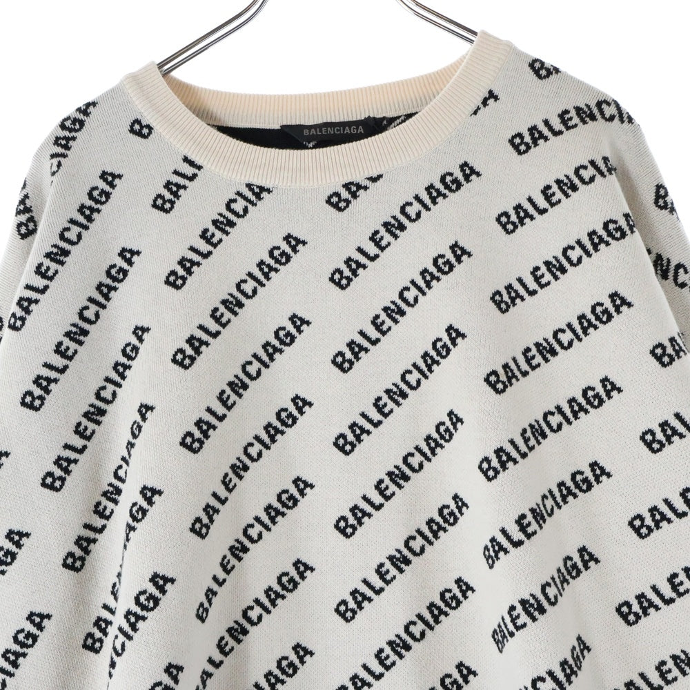BALENCIAGA(バレンシアガ) ロゴ総柄 クルーネック コットン 長袖セーター ニット アイボリー 702952 T3233