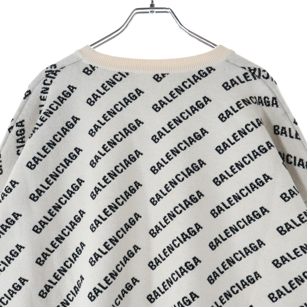 BALENCIAGA(バレンシアガ) ロゴ総柄 クルーネック コットン 長袖セーター ニット アイボリー 702952 T3233