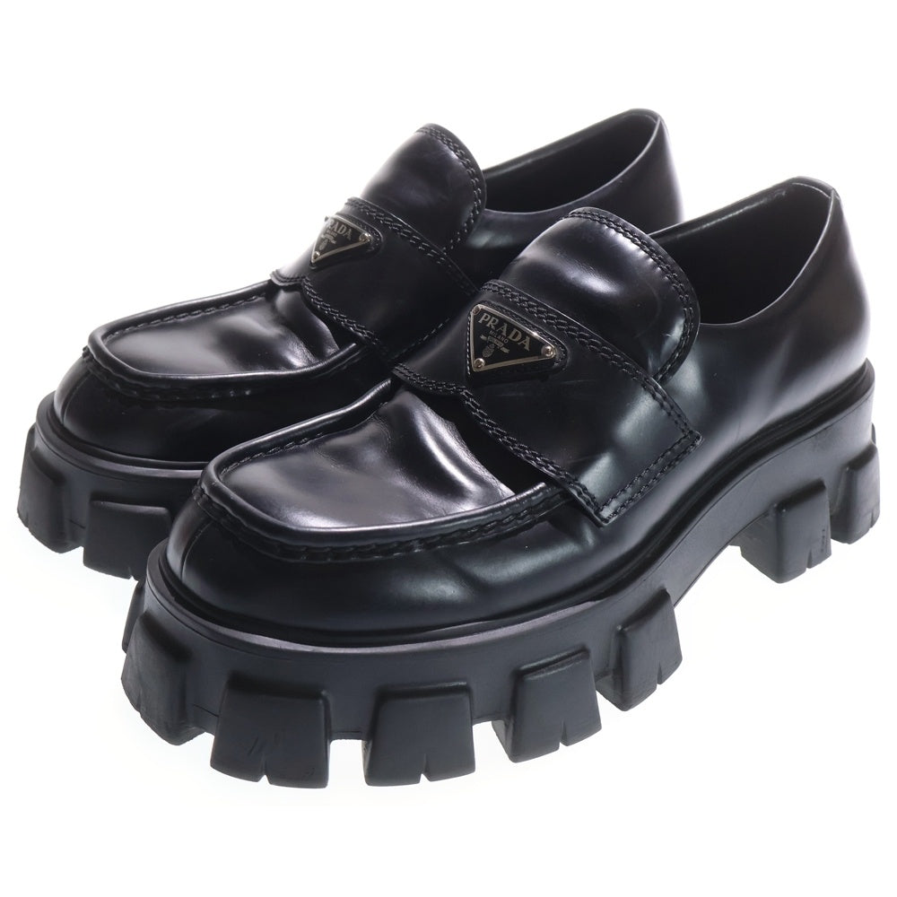 PRADA(プラダ) Monolith Pointy Brushed Leather Loafers モノリス トライアングルロゴ 三角プレート ブラッシュドレザー ローファー ブラック 2DE129
