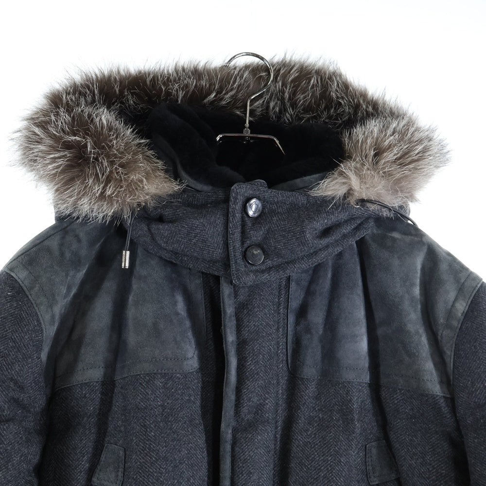 Brioni(ブリオーニ) LEATHER DOWN JACKET PUA1 ファー付きフード ダウンジャケット コート レザー グレー