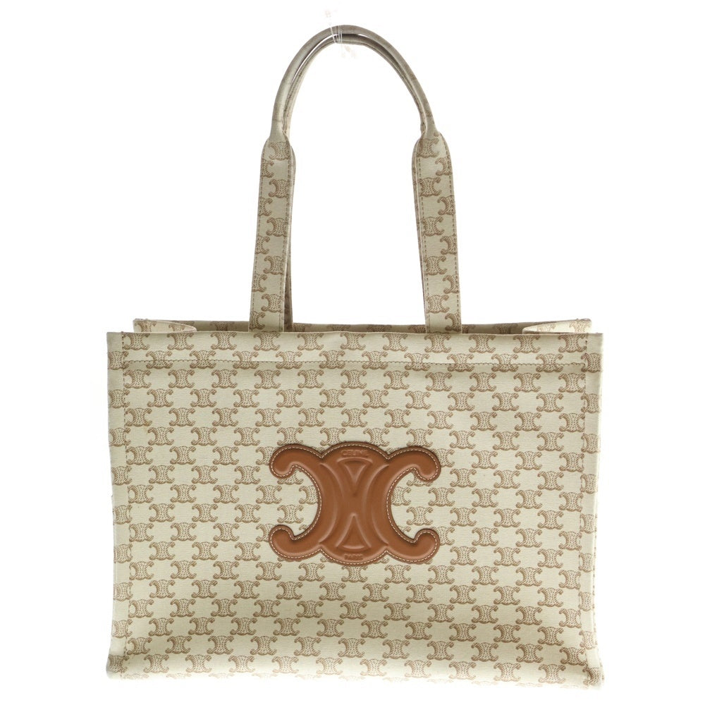 CELINE(セリーヌ) トリオンフレザーパッチ ラージ カバタイス キャンバス トートバッグ ベージュ/ブラウン レディース