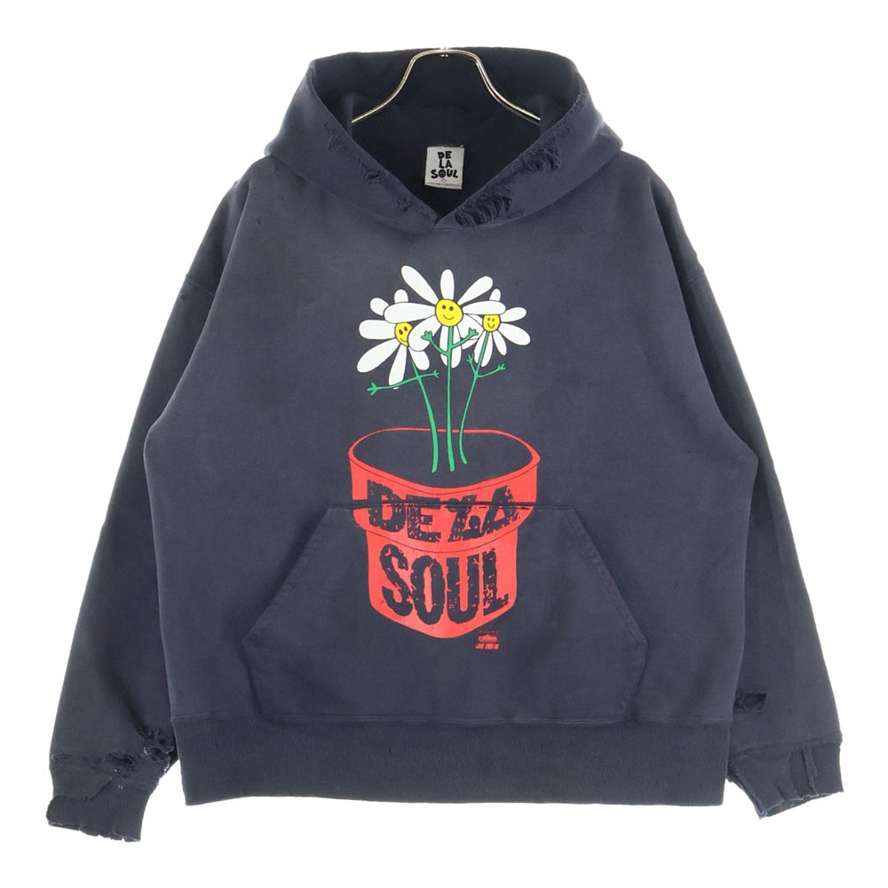 SAINT MICHAEL(セントマイケル) 25AW×DE LA SOUL DLS_HOODIE デラソウル ダメージ加工スウェットプルオーバーパーカー ブラック SM-HR1-0000-C19