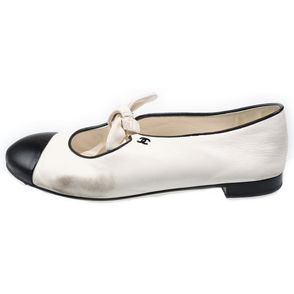 CHANEL(シャネル) ココマーク メリージェーン レザー フラット パンプス ホワイト/ブラック レディース