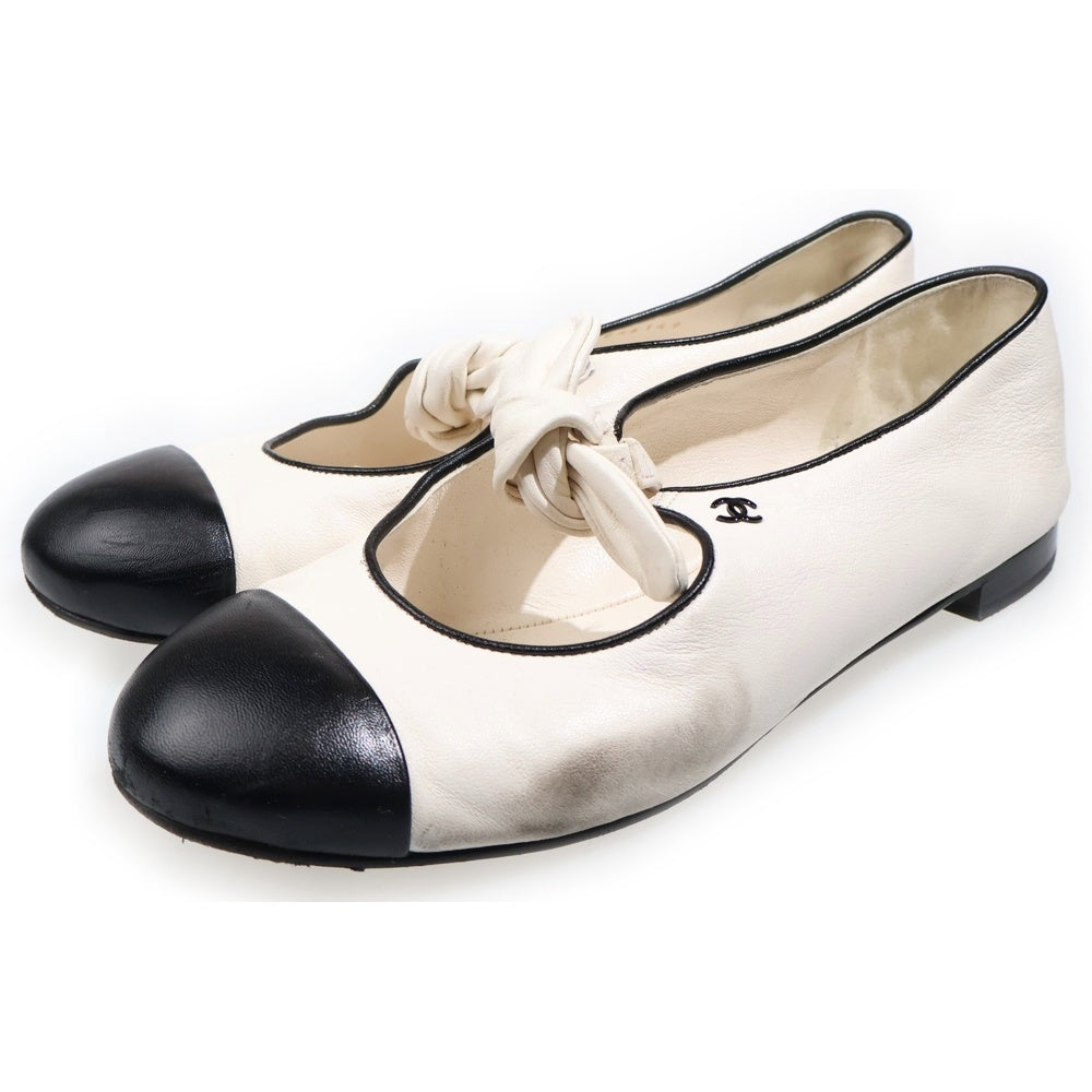 CHANEL(シャネル) ココマーク メリージェーン レザー フラット パンプス ホワイト/ブラック レディース