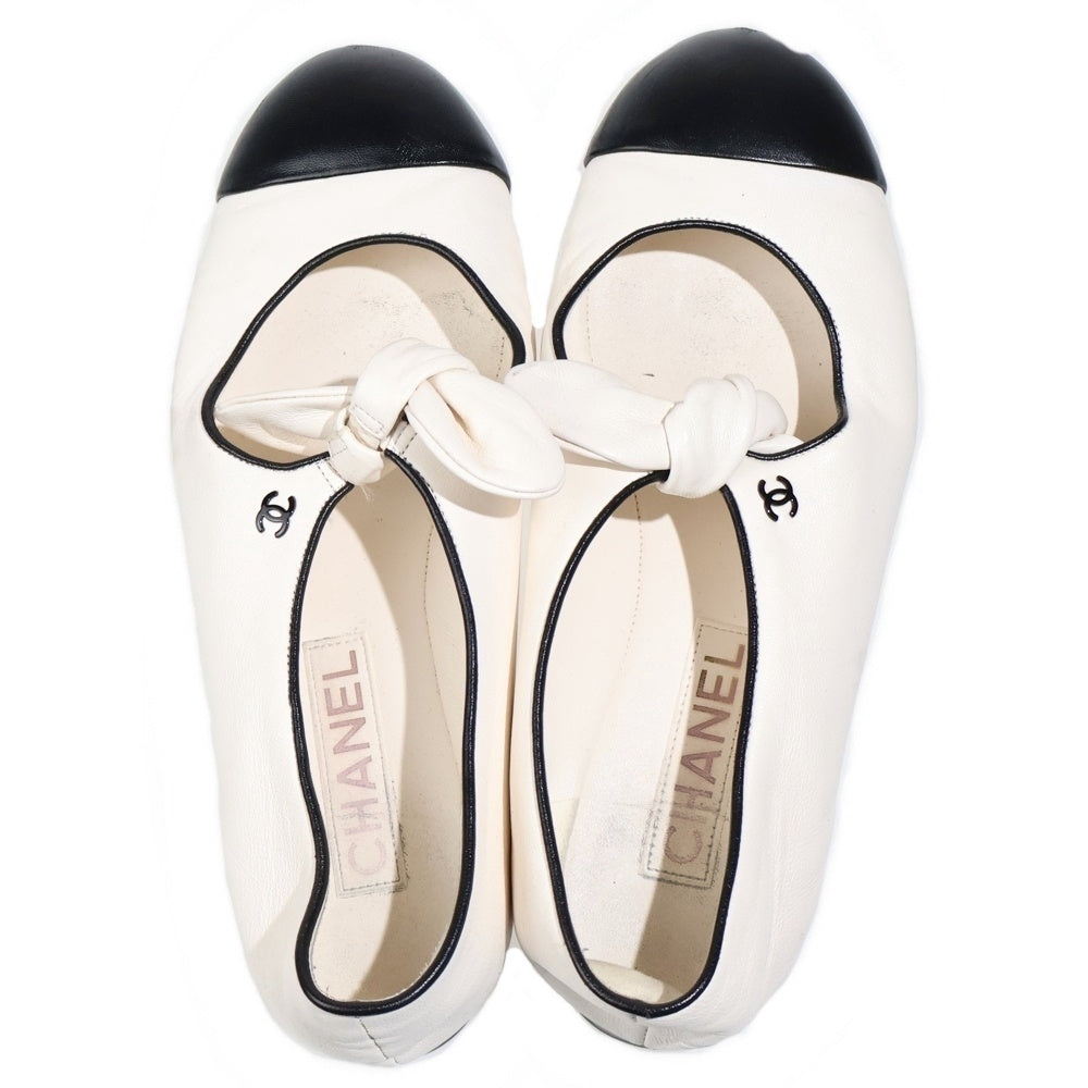 CHANEL(シャネル) ココマーク メリージェーン レザー フラット パンプス ホワイト/ブラック レディース