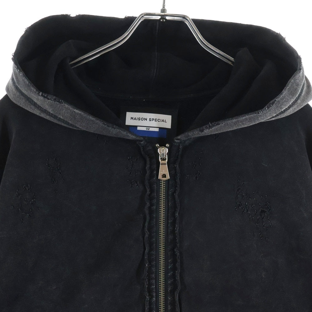 MAISON SPECIAL(メゾンスペシャル ) BOROBORO Sweat Prime-Over Zip Hoodie プライムオーバー ジップアップフーディー ダメージ加工 パーカー ブラック 11242411319