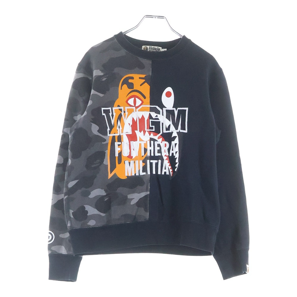 A BATHING APE(アベイシングエイプ) カモ タイガー シャーク プリント フロント刺繍 クルーネック 長袖ッスウェット トレーナー ブラック/グレー