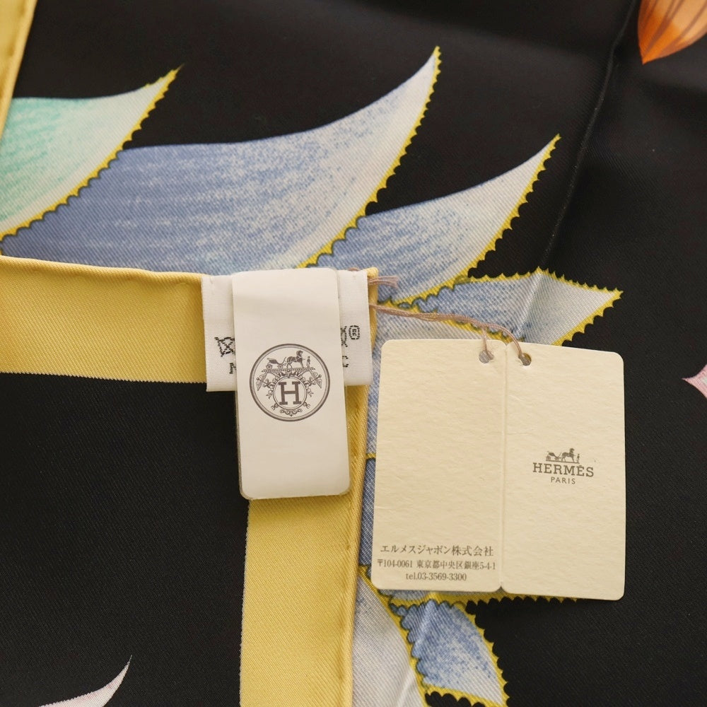 HERMES(エルメス) Index Bromeliaceae ブロメリアノ目録 カレ90 シルク 大判スカーフ 総柄 ブラック/マルチカラー レディース