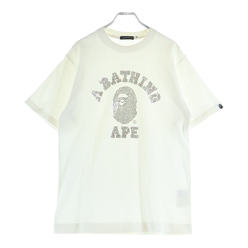 A BATHING APE(アベイシングエイプ) スワロフスキー カレッジロゴ ラインストーン フロントデザイン クルーネック半袖Tシャツ ショートスリーブカットソー ホワイト