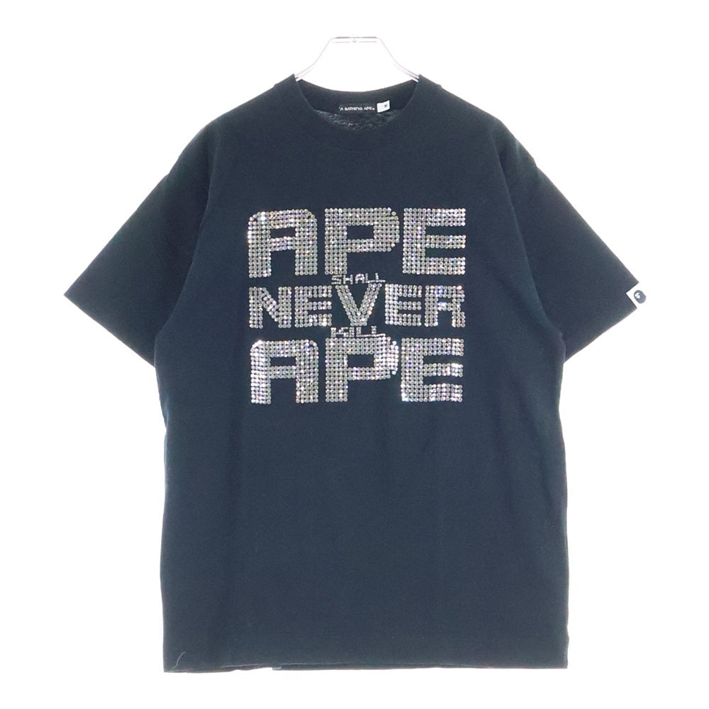 A BATHING APE(アベイシングエイプ) SHALL NEVER KILL スワロフスキーラインストーン フロントデザイン クルーネック半袖Tシャツ ショートスリーブカットソー ブラック