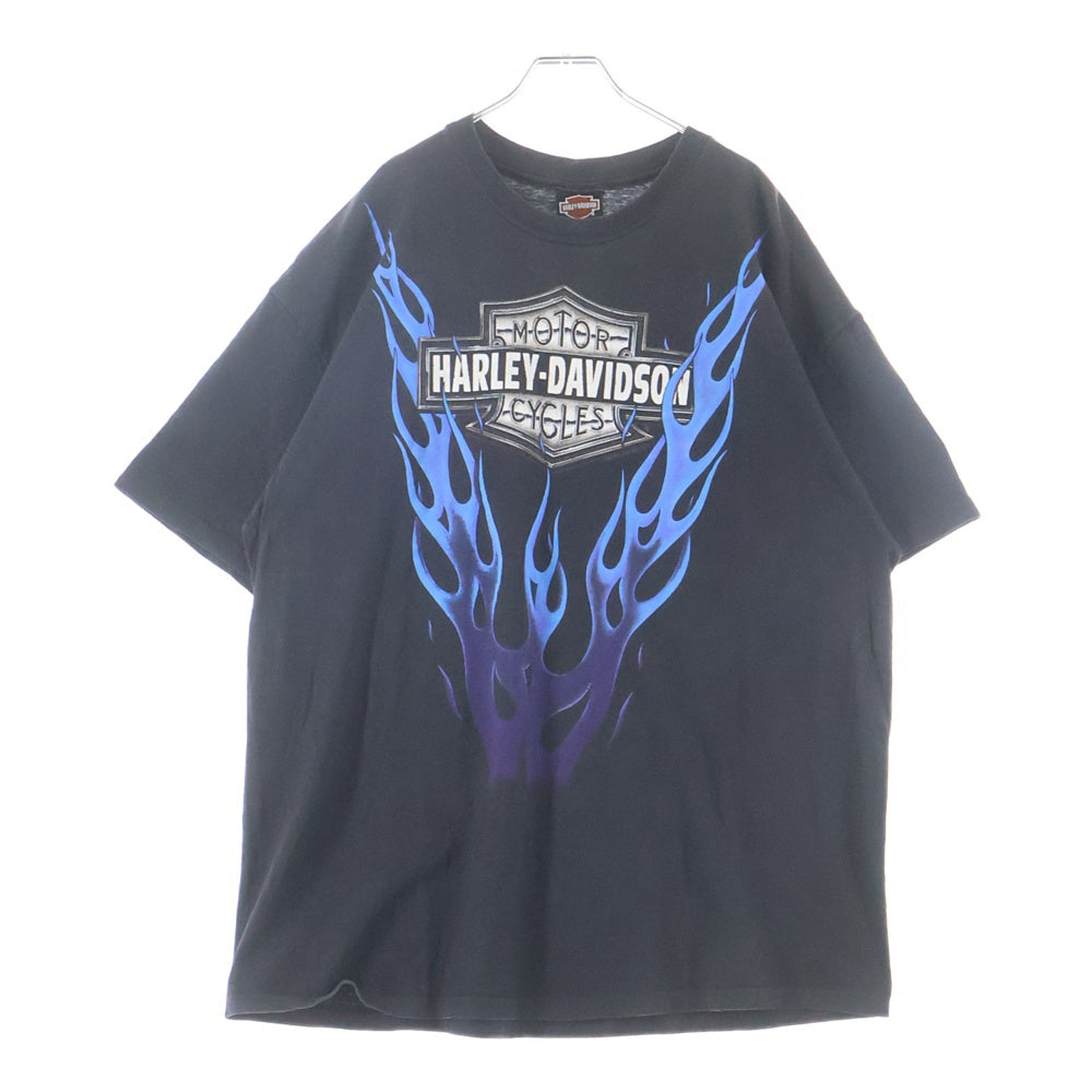 VINTAGE(ヴィンテージ) 90s HARLEY-DAVIDSON ブルーフレイム バーアンドシールド 両面プリント クルーネック 半袖Tシャツ ブラック